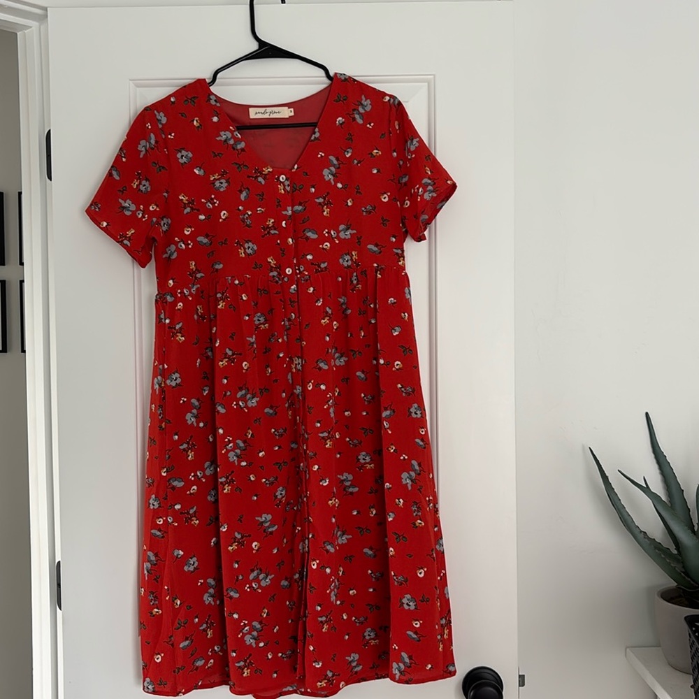 RED FLORAL MIDI DRESS